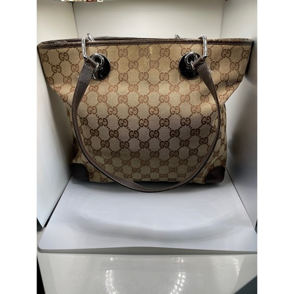 Authentic Gucci GG Leather & Canvas Eclipse Tote Bag Hand Purse - Picture 1 of 12